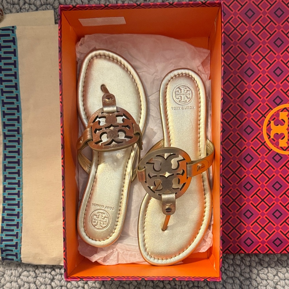 Tory Burch Metallic Gold Miller Sandals, new in box, includes dust cover.